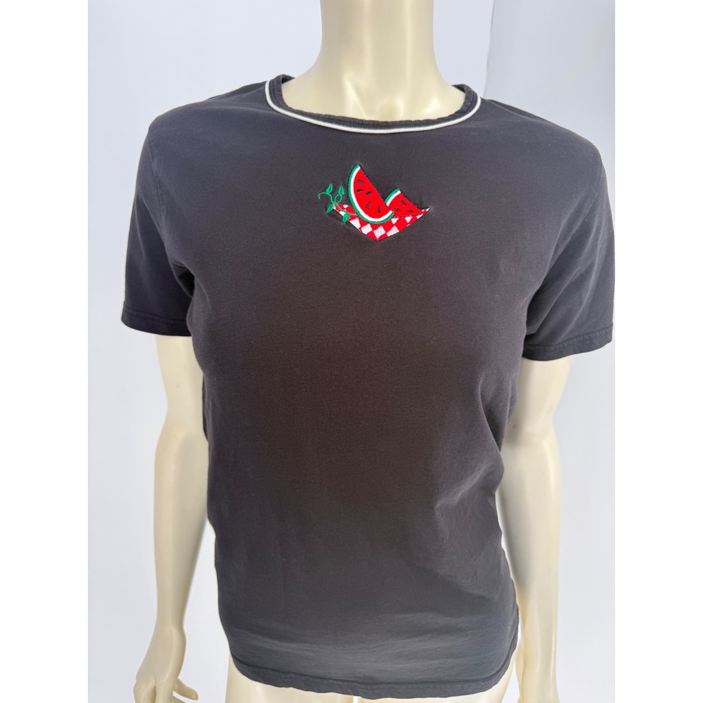 VTG 90s Mandal Bay Watermelon Embroidered T Shirt Patchwork Picnic Cotton S/P